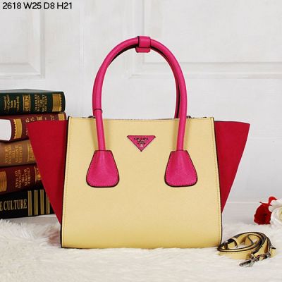 Prada Etiquette Tri-color Leather Light Yellow/ Peach/ Red Fake Tote Bags Removable Shoulder Strap Silver Hardware   