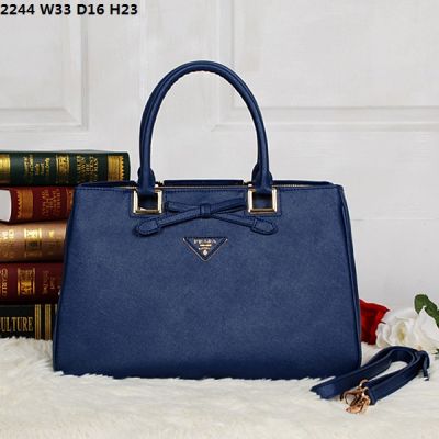 Women's Prada Galleria Medium Blue Leather Tote Bags Gold Hardware Top Rounded Handles Delicate Trimming 