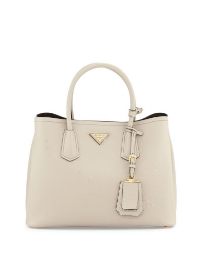 AAA Quality Prada Double Calf Leather Tote Bag Light Gray Outlet Sale For Females     