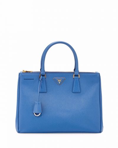 Cornflower Blue Leather Prada Galleria Handbags Double Leather Handle Flat Zipper Closure Online Sale 1BA863_NZV_F068Z_V_OOO