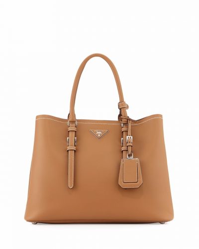 Camel Prada Double Leather Fake Tote Bags Signature Triangle Logo Plate at Top Center Removable Shoulder Strap  