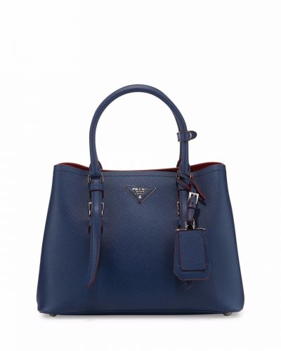 Replica Prada Double Leather Tote Bags Blue Compartmentalized Open Top Silver Hardware Interior Zip Pocket UK