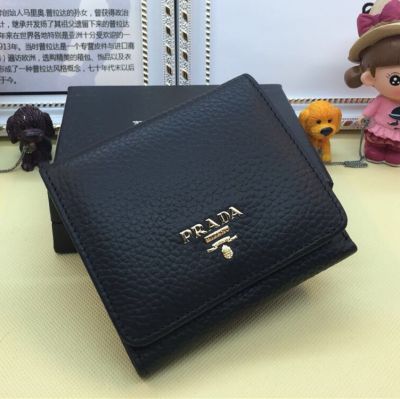 Fashionable Black Grainy Leather Prada Pebble Wallet Gold Hardware Logo Free Shipping Online Sale