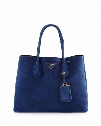 Navy Leather Prada Double Tote Bags Medium Rounded Skinny Fake Handles Winter New Women Online Sale