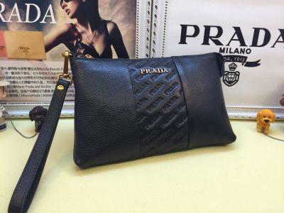 Men's Pouch Prada Black Grainy Leather Brass Zip Closure Embossing and Metal Logo in Center  