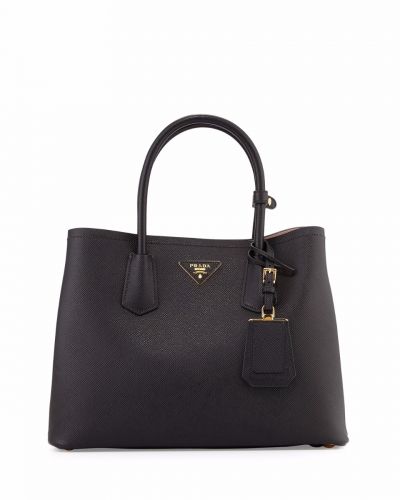 Prada Double Black Tote Bags Ladies Large Compartments Pocket Leather Handles Gold Plated Hardware Replica