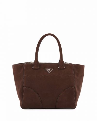 Prada Double Vintage Inspired Brown Suede Leather Tote Bags Silver Hardware Magnet Button Closure Rounded Handles 