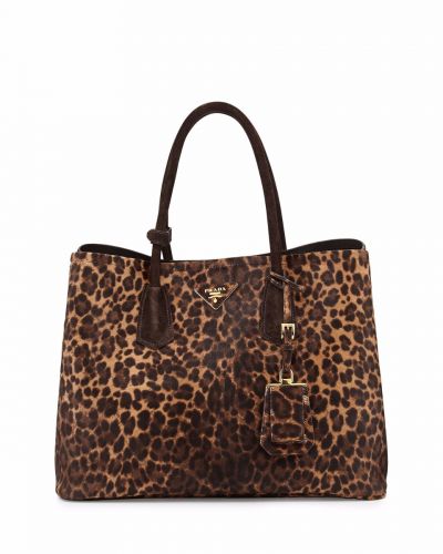 Prada Double Leopard-Print Tote Bags Suede Trim Gold Hardware Rolled Handles Protective Metal Feet Replica