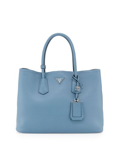 Pale Blue Prada Double Tote Bags Interior Purse Two Sides Button Polished Hardware On Sale