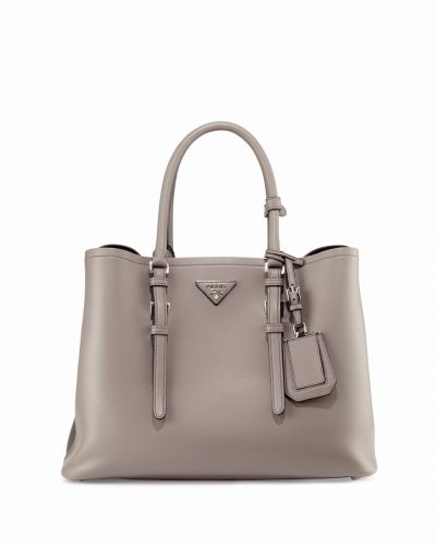 Prada Double Autumn New Large Leather Tote Bags Gray Silver Hardware Delicate Trimming Smooth Rounded Handle