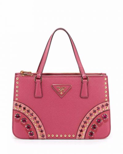 Peach Leather Prada Galleria Mini Tote Bags Front Crystal Golden Studs Flat Handles Gold Plated Hardware