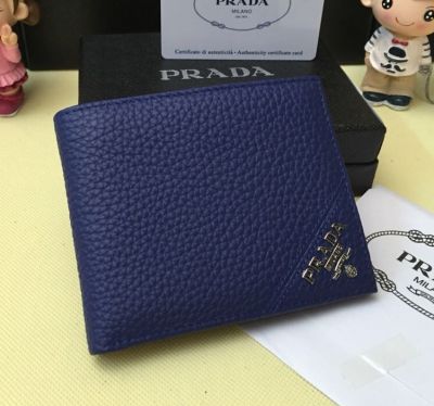 Luxury Prada Pebble Blue Grainy Leather Wallet Unisex Gold Hardware Label In Lower Right Hot Selling