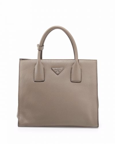 Prada Vitello Daino Gray Grainy Leather Top Handle Tote Bags Leather Triangle With Matel Lettering Logo  