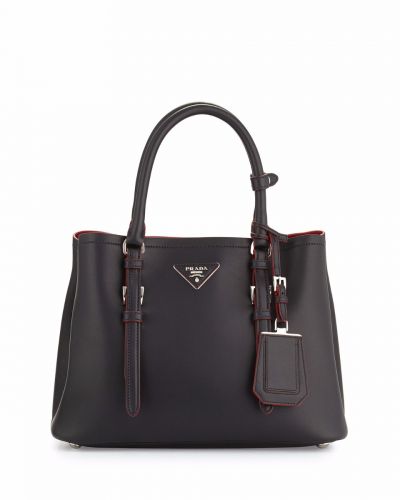 New Prada Double Tote Bags Black Leather Red Lining Flat Bottom Triangle Logo Metal Lettering 1BG775_2A4A_F0LJ4_V_OOO