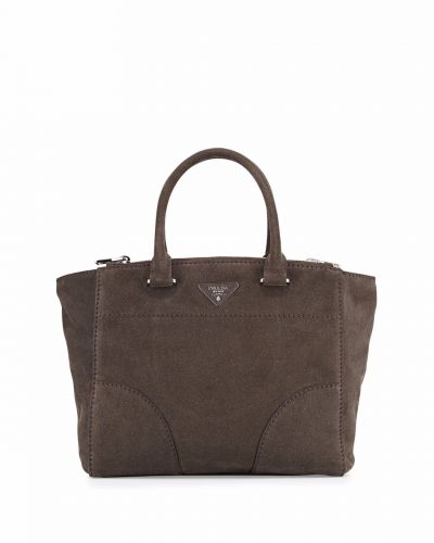 AAA Quality Prada Double Gray Suede Leather Tote Bags Silver Hardware Rounded Handles Magnet Button Closure