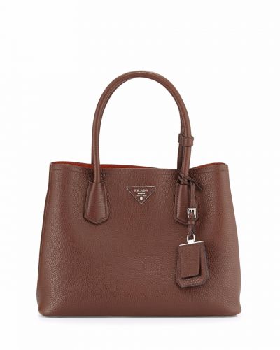 Prada Double Tote bag Brown Leather Silver Hardware Delicate Trimming High Quality Ladies For Sale Replica