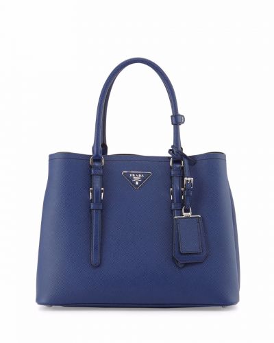 Prada Double Blue Leather Tote Bags Removable Adjustable Shoulder Strap Delicate Trimming Open Closure Hot Selling 