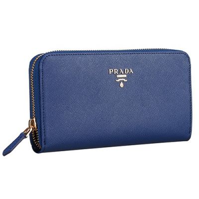 New Long Prada Vernice Blue Leather Wallet Zipped Around Metal Lettering Logo Gold Hardware  