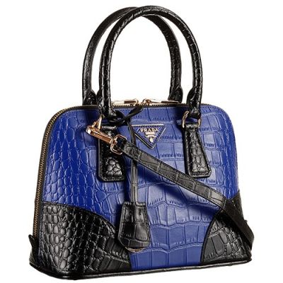 Bi-Color Small Prada Promenade Blue Crocodile Leather City Bags Black Top Handles Double Zipper Closure Replica