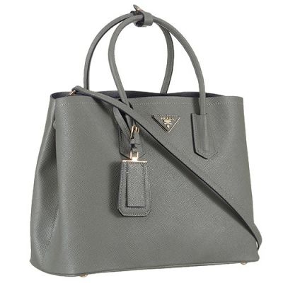 Winter New Prada Double Gray Leather Tote Bags Exquisite Trimming Double Rounded Top Handle 