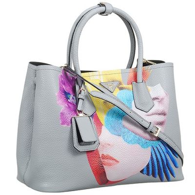 Replica Prada Double Printed Girl Grey Grainy Leather City Bags Open Style Closure Hot Selling  