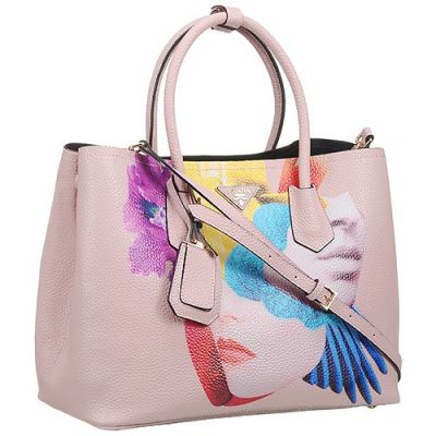 AAA Quality Large Printed Girl Pink Grainy Leather Prada Double City Bags Gold Hardware Replica 