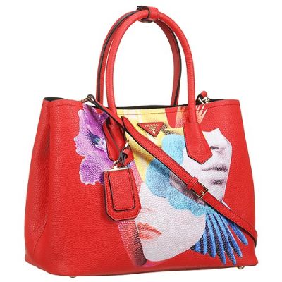 Prada Double Printed Girl Red Grainy Leather City Bags Open Style Closure Top Quality Replica