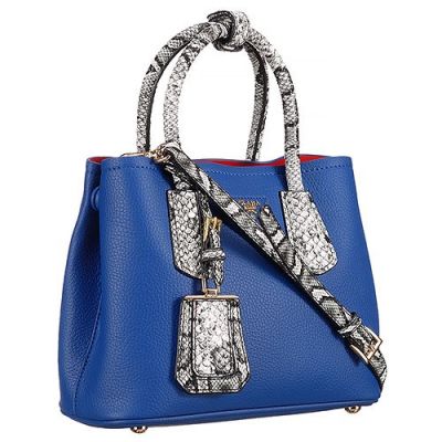 Prada Blue Grainy Leather Tote Bags Python Leather Top Handle&Shoulder Strap Gold Hardware    