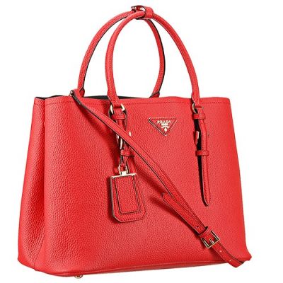 Red Grainy Leather Prada Double City Bags Double Rolled Top Handle Flat Bottom Open Style Closure 