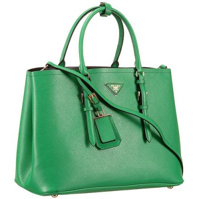 Summer New Prada Double Green Leather City Bags Open Style Closure Extended Sides Gold Plated Hardware