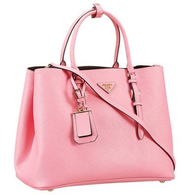 Large Pink Leather Prada Double City Bags Double Rounded Top Handle Open Style Closure Flat Bottom