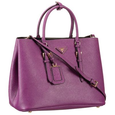 Elegant Purple Leather Prada Double City Bags Triangle Logo Interior Large Compartments Open Style Closure