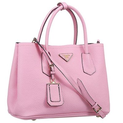 Medium Pink Grainy Leather Prada Double Tote Bags Silver Hardware Flat Bottom For Ladies On Sale   