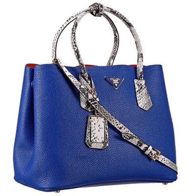 Large Prada Double Blue Grainy Leather City Bags Python Leather Hand&Shoulder Strap 