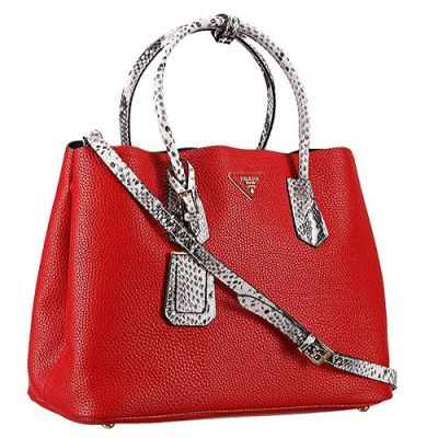 Red Grainy Leather Prada Double City Bags Rolled Python Leather Handles Gold Hardware Flat Bottom   